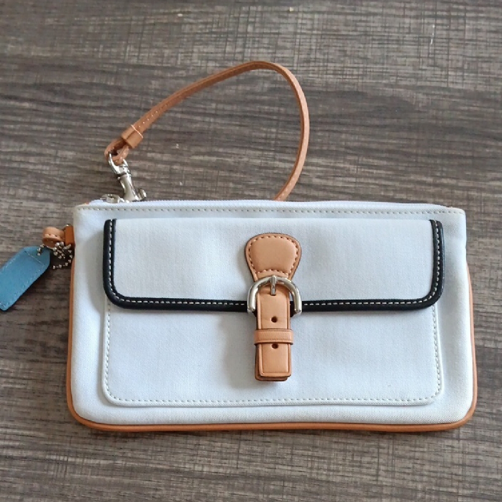 Coach White and Tan Wristlet Clutch